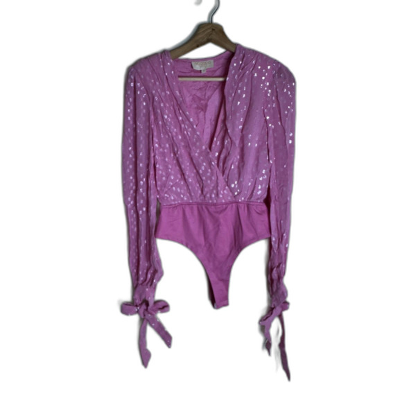 Rococo Sand Bodysuit Womens XS Pink Metallic Long Sleeve Wrap Sheer Tie Cuff Top - Picture 1 of 9
